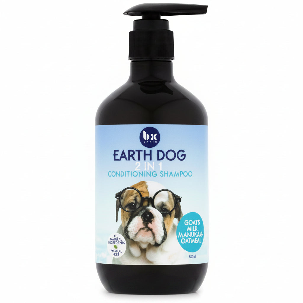 A bottle of BX Earth Dog Natural 2 in 1 Conditioning Shampoo Goatsmilk, Manuka and Oatmeal with a pump dispenser.