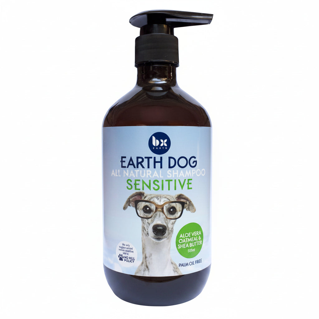 A bottle of BX Earth Dog Natural Shampoo for Sensitive Skin with a 500ml label.