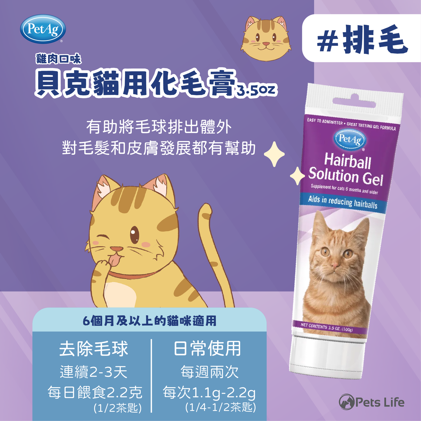 PetAg Hairball Solution Gel Supplement for Cats 貝克貓用化毛膏 3oz
